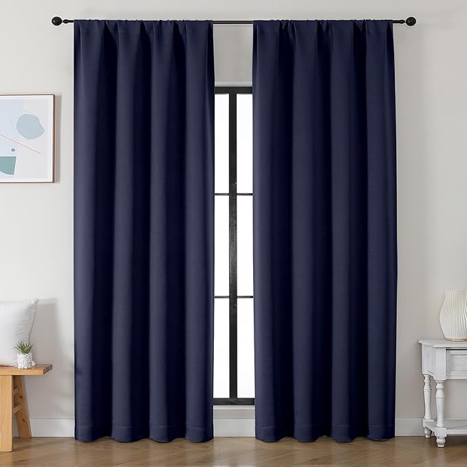 Simplebrand Ava Navy Blue Blackout Curtains for Bedroom 90 Inches Long 2 Panels Set, Solid Privacy Energy Saving Living Room Window Treatment Curtains Blackout Drapes, W50 x L90 Inch, Navy Blue