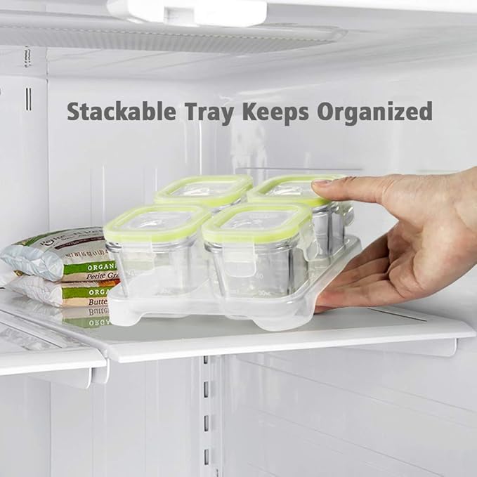 Matyz 4-Pack Glass Baby Food Storage Containers with Airtight Lids and Stackable Tray (Green, 3 OZ Each) - Small Freezer Storage Containers for Baby On The Go - Air Tight Food Storage Containers