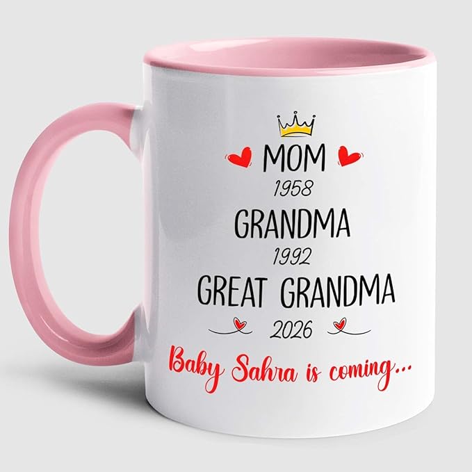Mom Grandma Promoted To Great Grandma Coffee Mug Cup 11 15 Oz, Personalized New Great-Grandmother Ceramic Coffee Cup EST. 2026, Customized Choose Name White Accent Mug Gift For Pregnancy Announcement