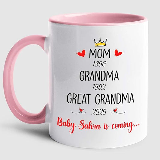 Mom Grandma Promoted To Great Grandma Coffee Mug Cup 11 15 Oz, Personalized New Great-Grandmother Ceramic Coffee Cup EST. 2026, Customized Choose Name White Accent Mug Gift For Pregnancy Announcement