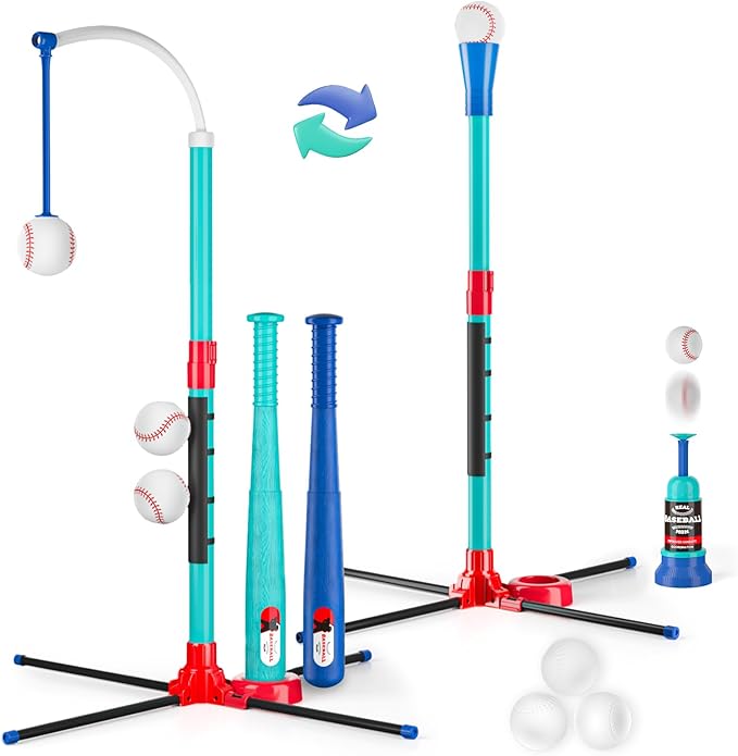 3-in-1 Baseball Set for Kids: Hanging Batting Tee + T Ball Stand Set Auto Ball Launcher for Toddlers & Youth Adjustable Height with 6 Balls 2 Bats Outdoor&Indoor Toys Sports Gifts for 3-12 Years Old