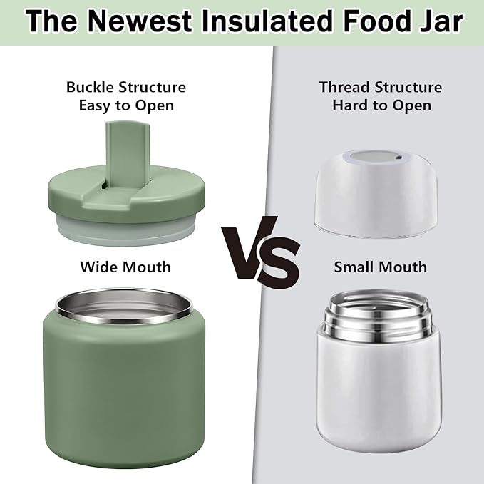 26oz Kids Jar for Hot Food, Insulated Vacuum Food Jar with Buckle Lid, Stainless Steel Wide Mouth Leak Proof Insulated Lunch Container for School Picnic Travel, Green