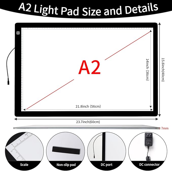 YINGWOND A2 Light Pad for Diamond Painting with Fixed Charging Cord, 3 Levels of Brightness, Big Paper Clamps and 12V Adapter, Uniformly Illuminated Light Board for Tracing Drawing and Weeding Vinyl