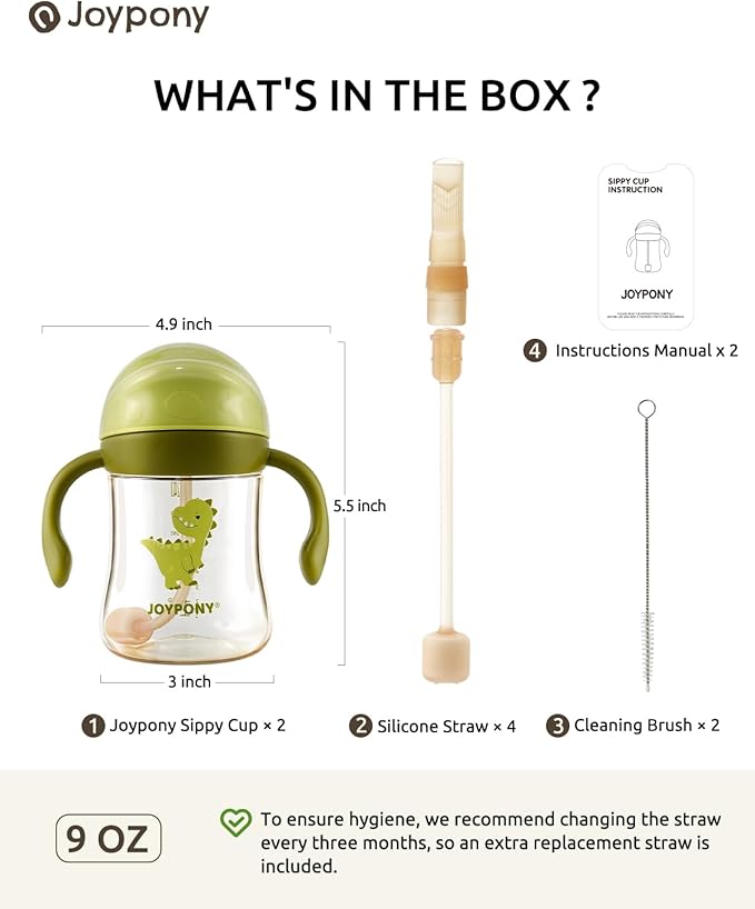 Sippy Cups for Toddlers 1-3, Spill Proof Weighted Straw Cup with Handle for Baby 6 Months + old, 2 Pack, Total 4 Silicone Straws, PPSU, BPA Free, 9 oz (Green)