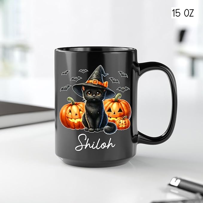 Personalized Black Cat Witch Ceramic Cups Gift for Halloween, Custom Name Black Cat with Pumpkins Coffee Mugs, Spooky Witch Pumpkins Cup, Pet Halloween Mug 11oz 15oz, Pet Enthusiasts Gifts