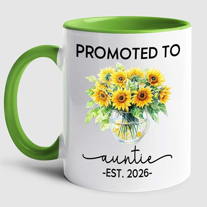 Promoted To Auntie EST 2026 Accent Mug Gift For Pregnancy Announcement, Personalized Name New Aunt Coffee Mug 11 15Oz, Customized Sunflowers Auntie White Coffee Cup For Birthday, First Time Aunt Cup
