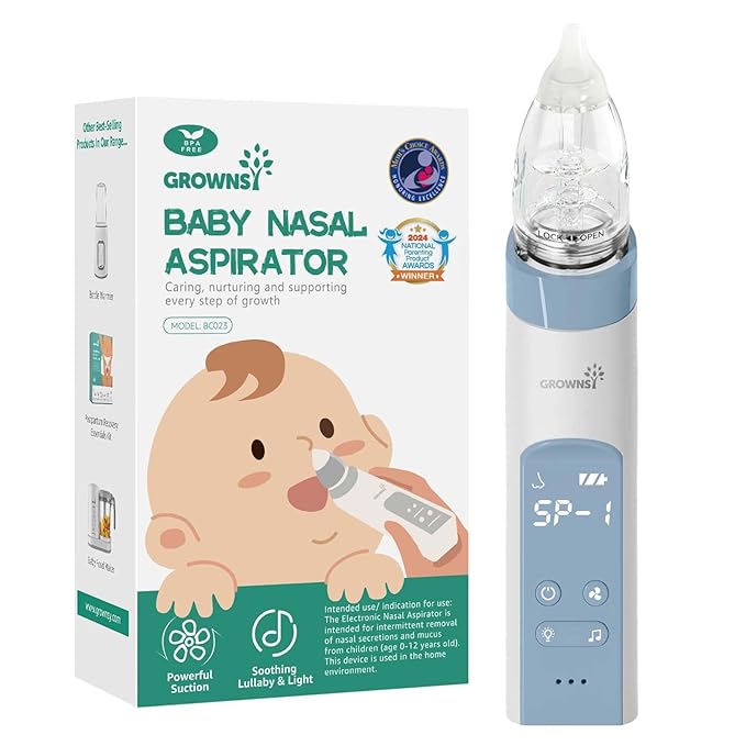 GROWNSY Nasal Aspirator for Baby, Electric Nose Aspirator for Toddler, Baby Nose Sucker, Automatic Nose Cleaner with 3 Silicone Tips, Adjustable Suction Level, Music and Light Soothing Function, Blue