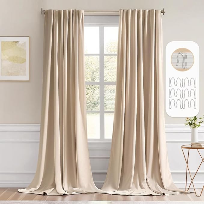 MIULEE Back Tab Beige Curtains 102 Inch Long 2 Panels Set for Living Room Bedroom, Cream Rod Pocket/Pinch Pleated Light Blocking Thermal Insulated Room Darkening Floor to Ceiling Blackout Drapes