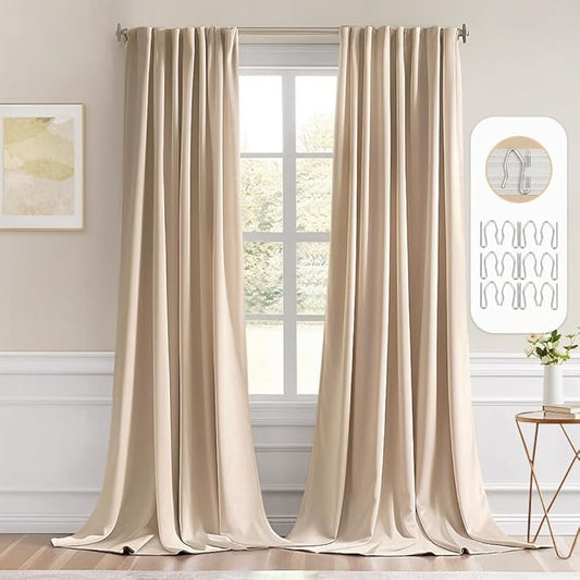 MIULEE Back Tab Beige Curtains 120 Inch Long 2 Panels Set for Living Room Bedroom, Cream Rod Pocket/Pinch Pleated Light Blocking Extra Long Thermal Insulated Room Darkening Blackout Curtains/Drapes