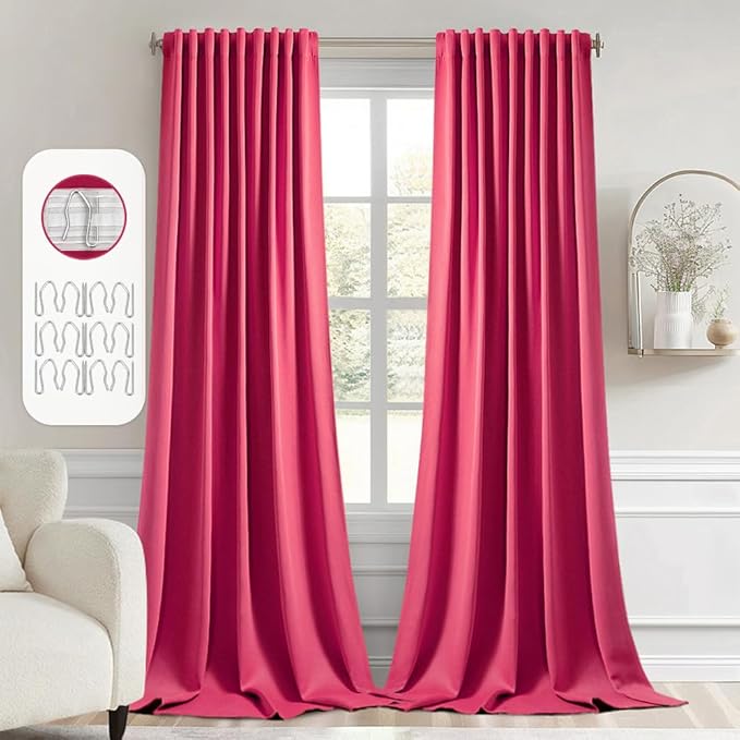 MIULEE Hot Pink Back Tab Blackout Curtains 108 Inch Long 2 Panels Set for Bedroom, Rod Pocket/Pinch Pleat Extra Long Thermal Insulated Living Room Darkening Pleated Light Blocking Drapes