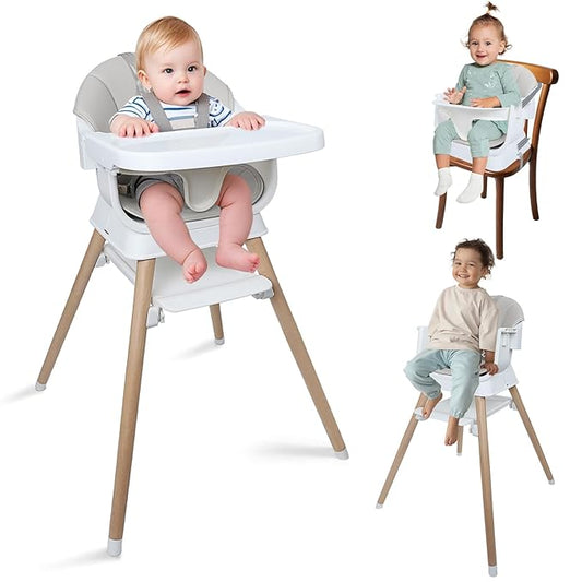 9 in 1 Convertible Baby High Chair with Booster, Wooden Highchair for Babies and Toddlers with Adjustable Tray & 5-Point Harness, Multi-Functional Growing Seat for Feeding, Learning & Play, Gray