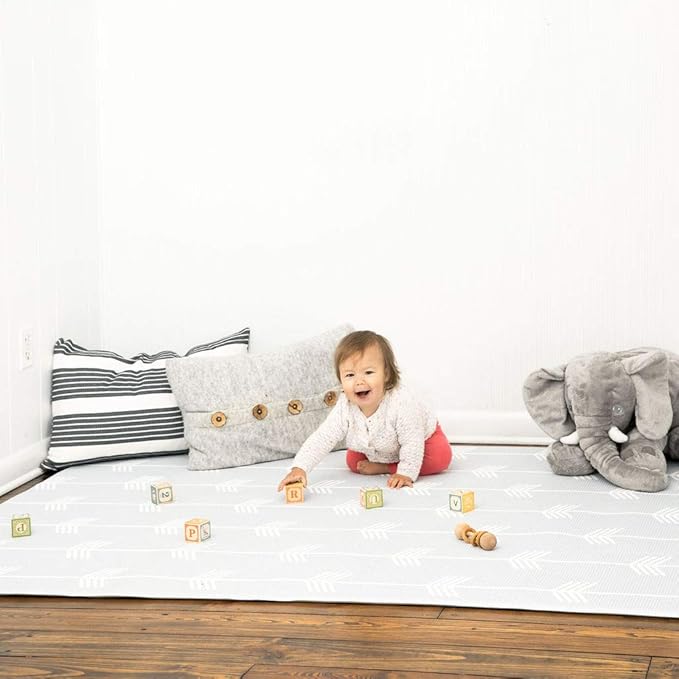 Baby Care Play Mat (Medium, Nordic Trails - Morning Fog Arrows) 73’’ x 49’’ Original One-Piece Reversible Rollable Waterproof Play Mat for Infants, Babies, Toddler, and Kids