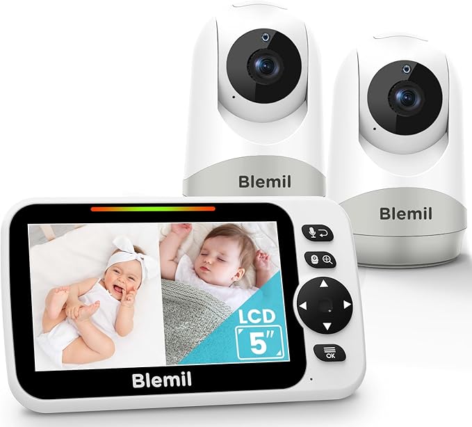 Upgrade Baby Monitor with 30-Hour Battery, 5" Large Split-Screen Video Baby Monitor with 2 Cameras and Audio, Remote Pan/Tilt/Zoom, Two-Way Talk, Room Temperature, Auto Night Vision