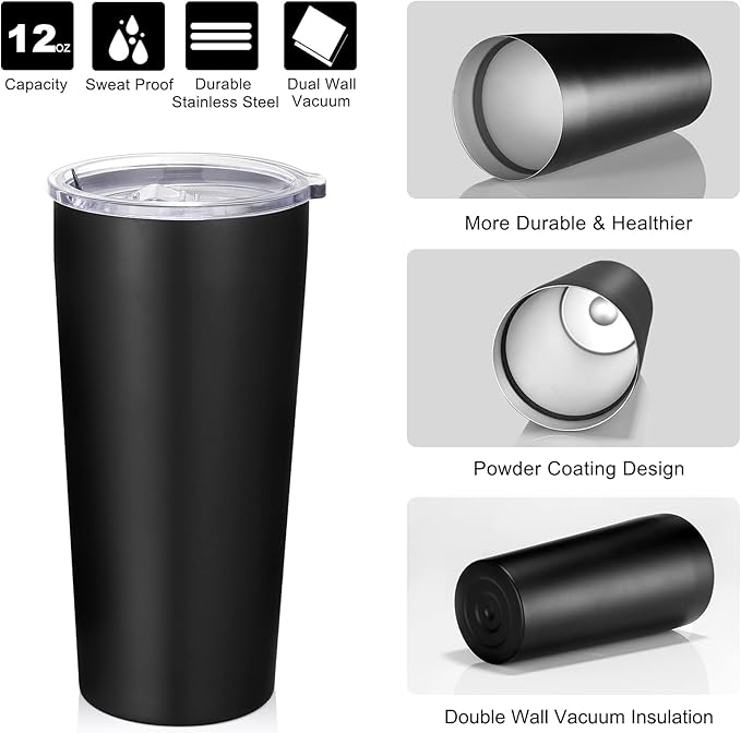 VEGOND 20oz Tumbler Bulk with Lid and Straw 12 Pack, Stainless Steel Vacuum Insulated Tumbler, Double Wall Coffee Cup Travel Mug, Black