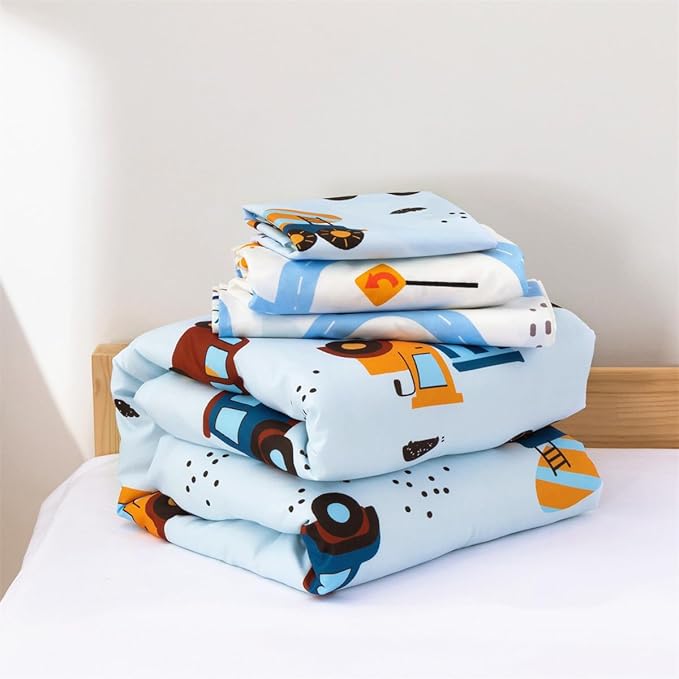 NTBED 4 Pieces Construction Truck Toddler Bedding Set for Baby Boys, Cartoon Vehicles Excavator Cars Printed, Includes Comforter, Flat Sheet, Fitted Sheet and Pillowcase,Light Blue