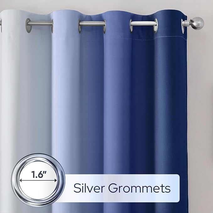 HOMEIDEAS Navy Blue Ombre Blackout Curtains, 52 X 96 Inch Length Gradient Color Room Darkening Curtains with Grommet Thermal Insulated Window Drapes for Living Room, Bedroom, 2 Panels