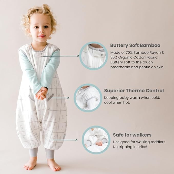 Tealbee Dreamsuit: Toddler Sleep Sack with Feet 12-18 months, 18-24 months - 1.2 TOG All Season Baby Wearable Blanket for Walkers - Rayon made from Bamboo, Organic Cotton Sleep Bag (12m-2T) - Alphabet