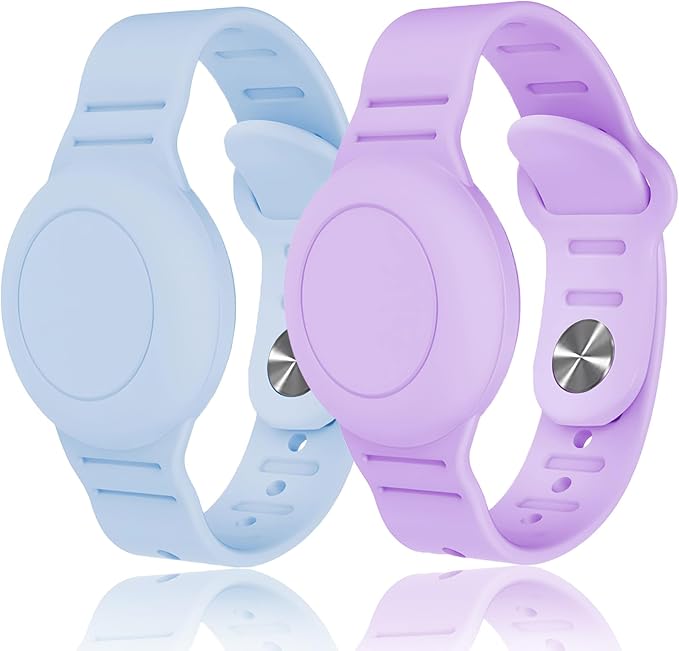 Kids Waterproof Airtag Bracelet Compatible with Apple AirTag, Hidden Silicon Protective Case for Air Tag GPS Tracker Holder, Adjustable Anti-Lost Watch Band for Toddler Child (Blue & Purple)