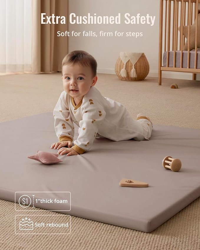 Blissful Diary Vegan Leather Baby Play Mat, 50x50 Thicken Foam Cushioned & Waterproof Playpen Mat for Infants and Toddlers, Stylish and Just Wipe-Clean Playmat for Baby Play on Floor, Taupe