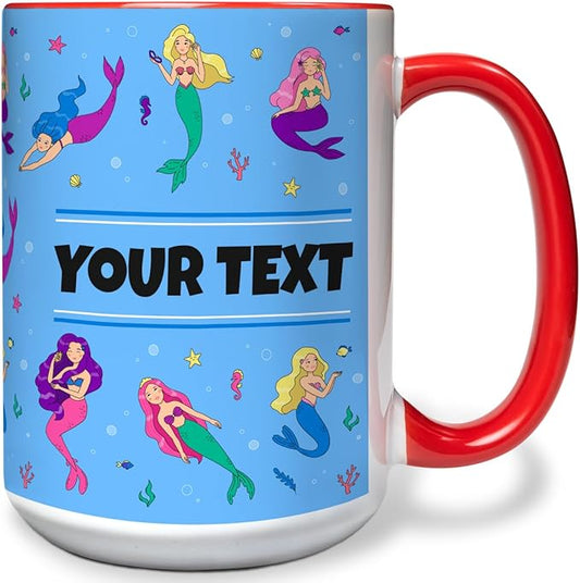 Personalized Mug for Kids - Mermaids - Custom Name/Text, Ceramic Hot Chocolate/Cocoa/Coffee Cup for Girls, Birthday/Christmas/Holiday Gift - 15 oz, Red Handle