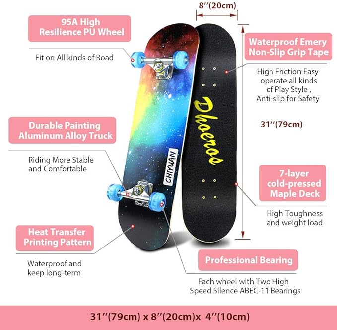 Easy_Way Complete Skateboards- Standard Skateboards for Beginners Kids Boys Girls Teenager- 31''x 8''Canadian Maple Cruiser Pro Skate Board, Skateboards