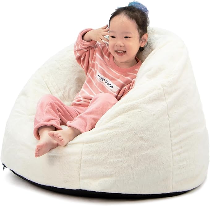 N&V Small Bean Bag Chair for Kids, Children Mini Bean Bag Sack, Foam Filling, Includes Removable and Machine Washable Cover, 27in, Soft Faux Fur (White)