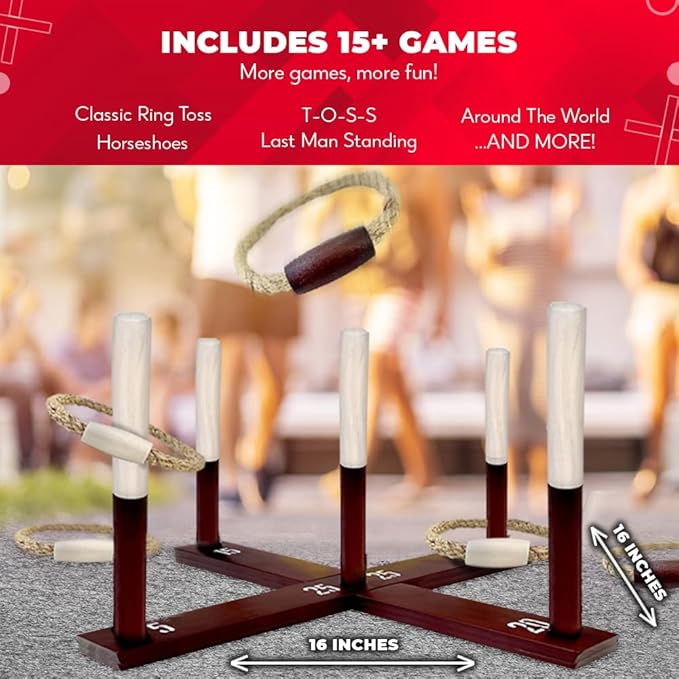 SWOOC Games - Rustic Ring Toss Game (All Weather) - Easy Setup & Extra Games Included - Ring Toss Game for Adults - Outdoor Acitivities for Adults - Yard Toys for Kids - Backyard Fun - Outdoor Party
