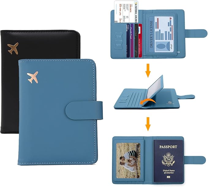 Melsbrinna Unisex-Adults RFID Blocking Travel Passport Cover/Case, Cute Passport Wallet with 10 Compartments, Black Blue