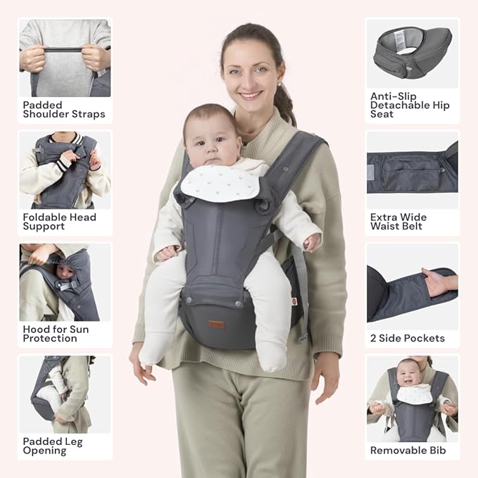 BabbleRoo Grow Carrier – Safety-Certified 6-in-1 Baby Carrier with Hip Seat, Ergonomic & Adjustable Toddler Carrier 7-50 lbs with Hip Support, Hood for Sun Protection, Newborn to Toddler, Gray