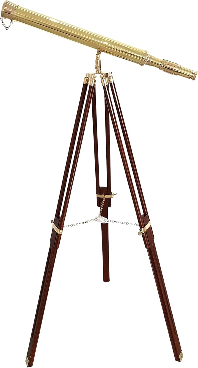 Shiny Brass Nautical Telescope with Wooden Tripod – Vintage Spyglass in Golden & Brown Finish for Home Office Decor, Collector Display & Maritime Gift
