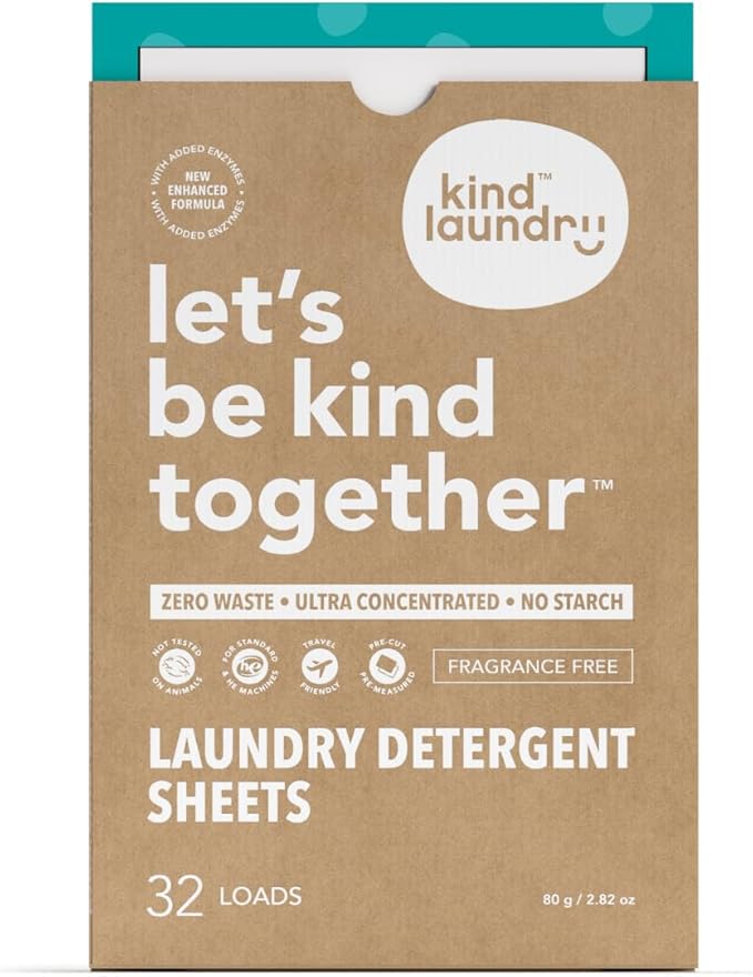 Kind Laundry Detergent Sheets with Powerful Stain-Fighting Enzymes - Biodegradable Plant Powered Eco-Friendly Laundry Soap Sheets - Home or Travel Laundry Detergent (Fragrance Free, 32 Loads, 10 Pack)