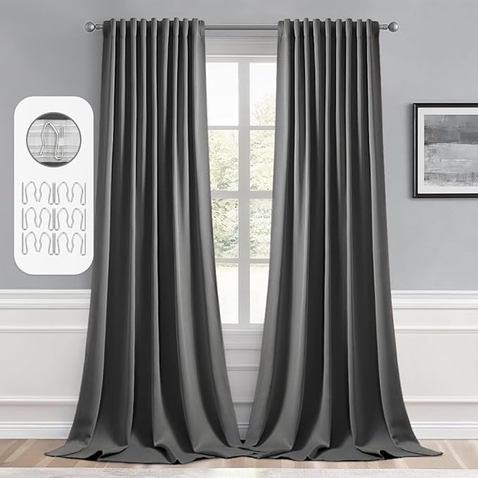 MIULEE Back Tab Grey Blackout Curtains 108 Inch Long 2 Panels Set for Living Room Bedroom Privacy, Rod Pocket/Pinch Pleated Extra Long Thermal Insulated Room Darkening Light Blocking Curtains/Drapes