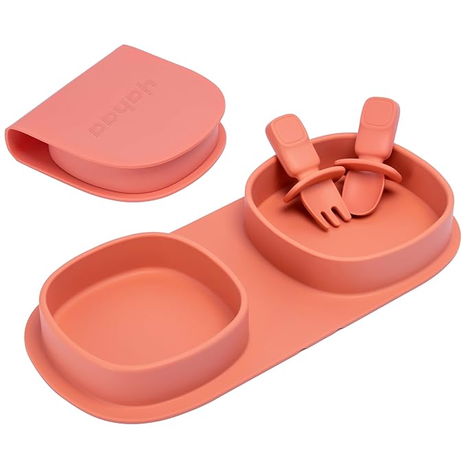 Silicone Foldable Novelty Dinner Plates,Baby Plates Travel Essential with Forks and Spoons,Microwave & Dishwasher SafeWatermelon