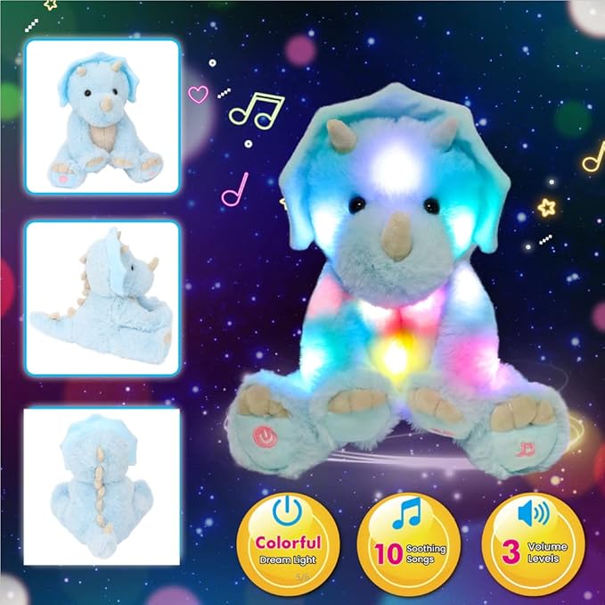 Cuteoy Light-up Singing Plush Blue Triceratops LED Musical Stuffed Animal Dinosaur Adjustable Volume Lullaby Plushies Birthday Christmas Toy Gifts for Kids Toddler Girls, 13"