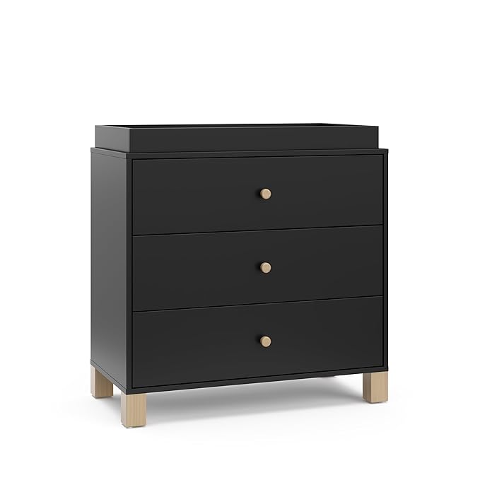 Storkcraft California 3-Drawer Chest with Removable Changing Topper (Black with Driftwood) – GREENGUARD Gold Certified, Interlocking Drawer System, Pre-Installed Tracks, Easy Assembly