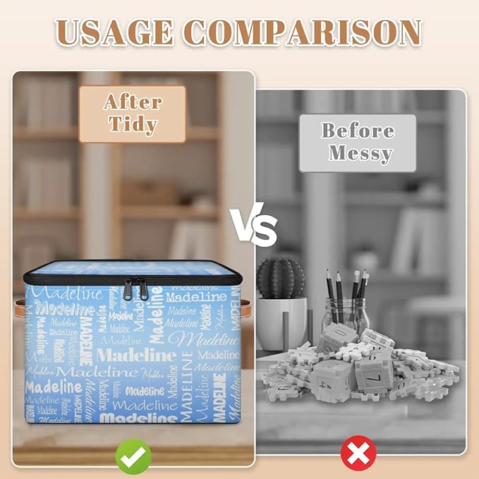 Custom Storage Basket with Name, Personalized Storage Bins with Zipper Lid, Foldable Fabric Storage Box Large capacity with Handle Blue