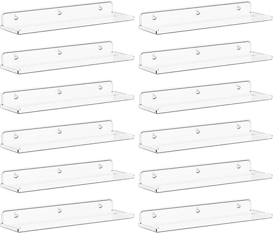 Lifewit Floating Shelves for Wall, 12 Pack Clear Acrylic Shelf 15" Room Decor for Bookcase/Vinyl Record Display/Photo/Picture in Bedroom, Living Room, Bathroom, Kitchen Storage and Organization