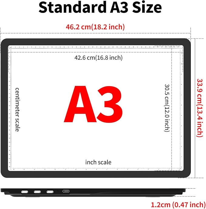 TOHETO Rechargeable A3 Light Board with Stand, Super Bright Magnetic Light Pad with Side Buttons, Wireless Light Box for Tracing and Drawing, Cordless LED Light Table for Diamond Painting, Sketching