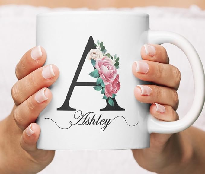 Personalized Monogrammed Mug for Women with Name and Initial - Custom Monogram Coffee Mugs - Initial Mugs - Mother's Day Gifts, Birthday Gift for Woman - Bridesmaid Mug