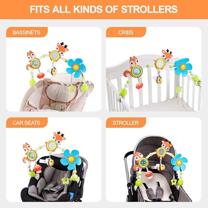 Koty Baby Stroller Arch Toy with Teether, Rattle, Crinkle Sound, Mirror & Music Box, Newborns Sensory Activity Carrier Take-Along Toy, Adjustable for Bouncers, Car Seat & Pram 0M+(Deer)