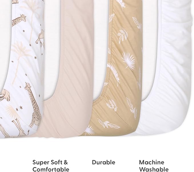 The Peanutshell 4-Pack Organic Fitted Crib Sheet Set - Soft & Breathable Baby Girl or Boy Crib Sheets, 100% Jersey Cotton Nursery Decor, Fit for Standard Mattress Cover- Caramel Safari
