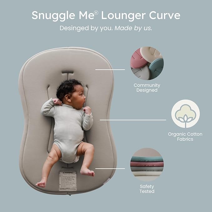 Snuggle Me® Baby Lounger Curve (0-6 Months) - Premium Organic Cotton with Foam Core, Machine-Washable Cover, Buttery-Soft & Breathable Infant Lounger with Travel Bag (30 in x 20 in x 1.9 in) - Birch