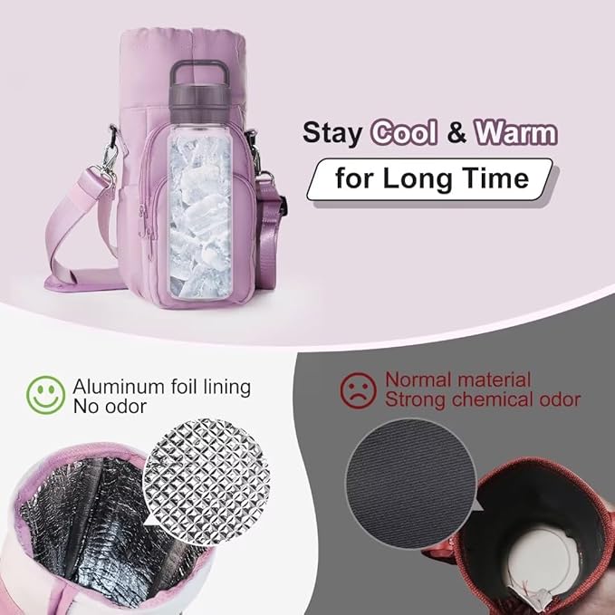 Water Bottle Holder with Strap, 4 Big Pockets with Compartment, 24oz/32oz/40oz Crossbody Water Bottle Carrier Bag