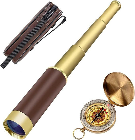 Retro Pirate Telescope Zoomable 25x30 Spyglass Portable Collapsible Handheld Telescope Vintage Monocular for Kids & Survival Gear Compass Pocket Military Compass for Camping Boating