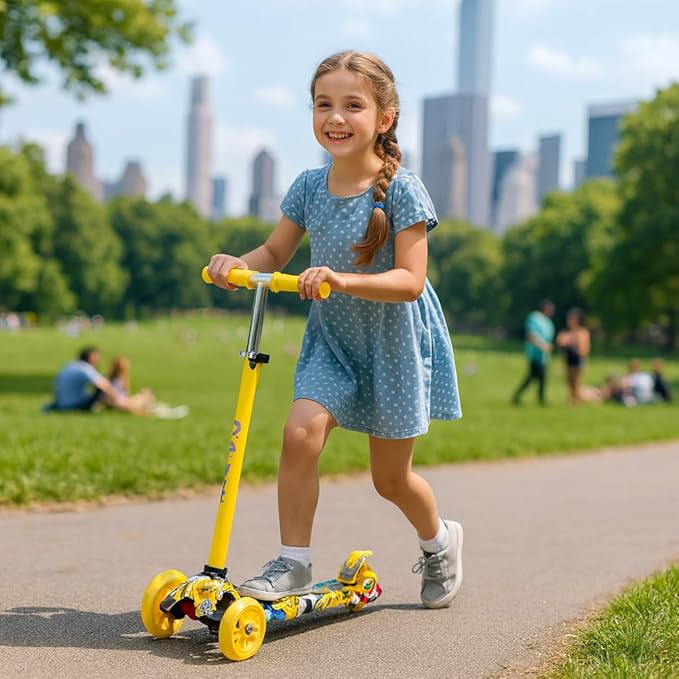 Maxi Scooter for Kids Ages 6-12 Lean-to-Steer 3 Wheel Scooter for Kids Ages 6-12 PU Light-Up Wheels Kids Scooter Adjustable Height Light Weight Aluminum Scooters T-Bar Colorful Design Printed