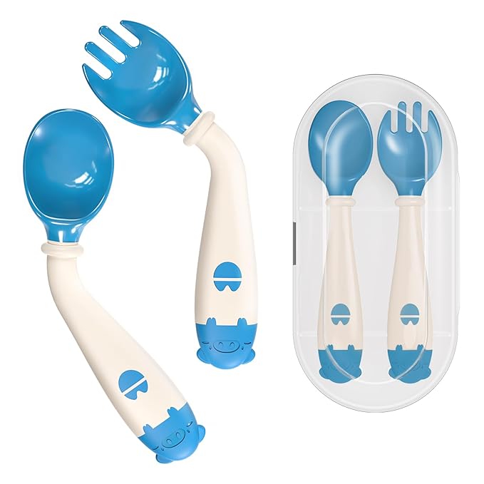 Deejoy Toddler Utensils, Self-feeding Flatware Set withTravel Case, Baby Spoons and Forks with Silicone Bendable Handle, Easy Grip Heat-Resistant, Ideal for Kids, Stage 2 (Blue)