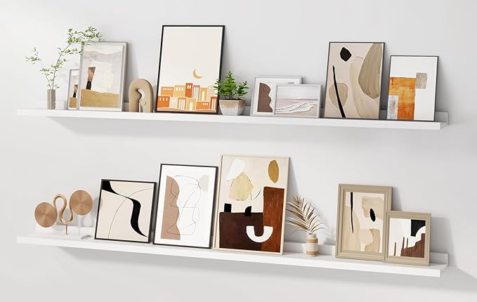 Floating Picture Ledge Shelves for Wall Set of 2, 55 Inches Picture Shelf with Ledge, Nursery Book Shelf for Toys Storage Kids Bookshelf Wall Mounted Living Room Bedroom Decor Frames, White