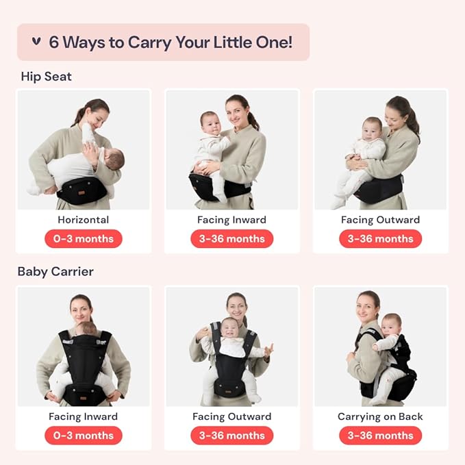 BabbleRoo Grow Carrier – Safety-Certified 6-in-1 Baby Carrier with Hip Seat, Ergonomic & Adjustable Toddler Carrier 7-50 lbs with Hip Support, Hood for Sun Protection, Newborn to Toddler, Black