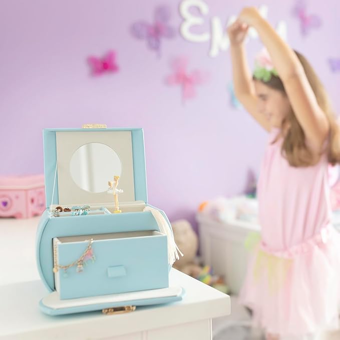 Vlando Musical Jewelry Box with Spinning Ballerina, Lockable Girls’ Jewelry Organizer for Necklaces Rings and Hair Accessories, Gift for Girls and Kids, Blue