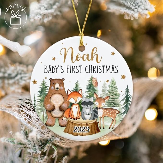 Unifury Personalized Baby First Christmas Ornament 2024, Adorable Keepsake for Babies First Christmas Tree, Holiday Decor for Celebrating Ceramic Babys 1st Christmas Ornament 2024, Woodland Animal